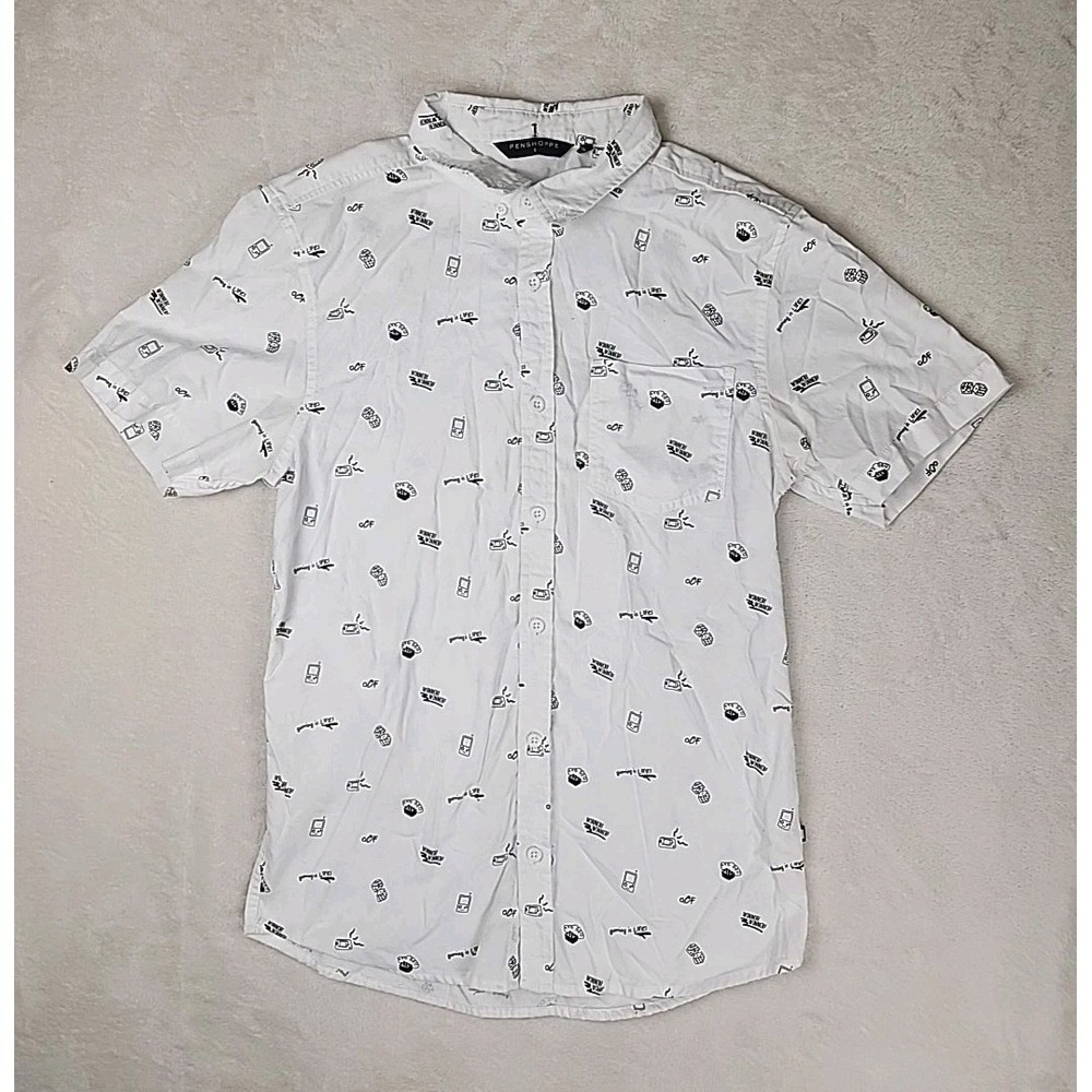 Penshoppe White Video‎ Game Patterned Sz S  Relaxed Fit Button Down Shirt